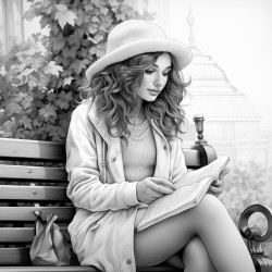 an adult girl sitting on a bench writting on her diary