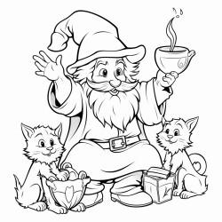happy wizard in a room playing with cats