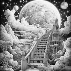 una escalera hacia un cielo estrellado