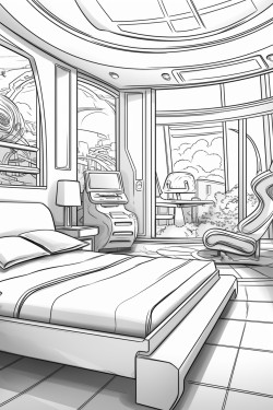 expensive futuristic hotel room from the future with a bed and windows