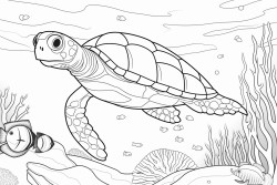 coloring page with a friendly sea turtle in front of corals and fishes with less black items