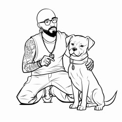 thin bald punk with a beard playing with boxer lab dog with cute chubby woman wearing glasses