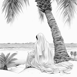 view of muslim lady from behind sitting under a palm tree
