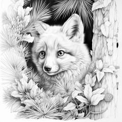 a fox hiding in a great evergreen tree