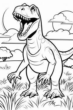 trex dinosaur standing up in a field bold lines no shading