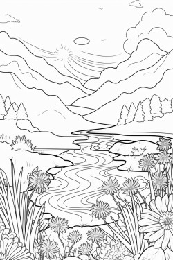 flower meadow with animals and a stream and a sunrise