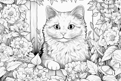 a cat between flowers and leaves in a huge garden