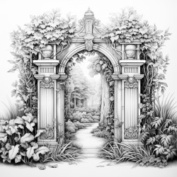secret garden ornate art nouveau gate high hedges