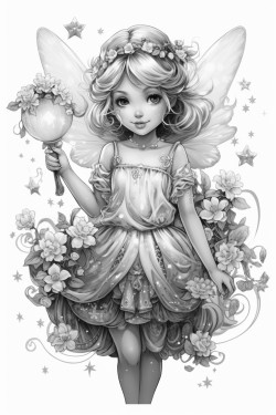 a magical fairy flying through the night starry sky with her wand