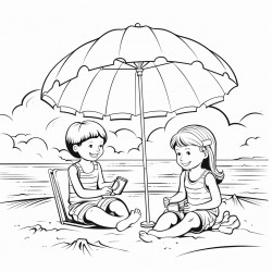 kids at the beach with their supplies by their chair under a umbrella
