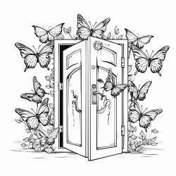 a heavy wooden door  opened with a old fashioned skeleton key to release hundred of butterflies and luna months