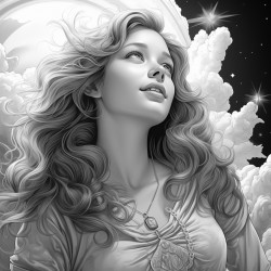 a girl looking up at a star filled sky with an angel behind her and putting a hand on her shoulder for comfort