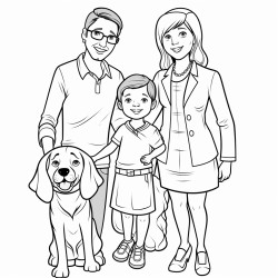 five year old girl with braids and glasses standing next to her mom dad and a beagle