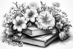 books surrounded by various delicate flowers