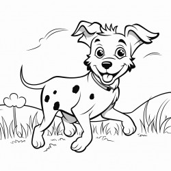 a spotted black and white dog running through the field of green grass