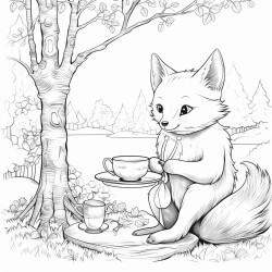 a cartoon cat in a fairytale forest chatting over a cup of tea with a fox