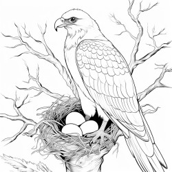 bird of prey sitting on nest with eggs