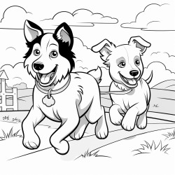 a flat haired labrador dog and a border collie dog running together on a farm