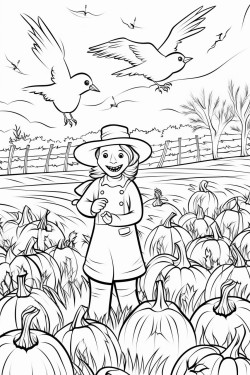 pumpkin patch with orange pumpkins all over a field with a scarecrow in the middle and crows flying away