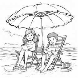 kids at the beach with their supplies by their chair under a umbrella