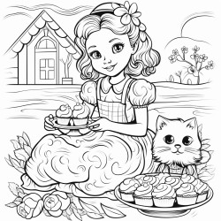 i want to color a silly picture of a sweet girl baking cookies with her cat she lives on a river