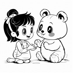 giggling panda that squeaks at a happy bunny looking at a 3 year old girl