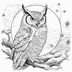 great horned owl gliding in front of the moon