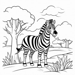 black and white coloring book drawing only thick outlines no grayscale for kids cartoon style zebra forest