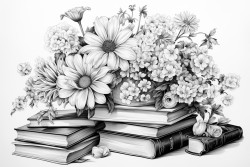 books surrounded by various delicate flowers