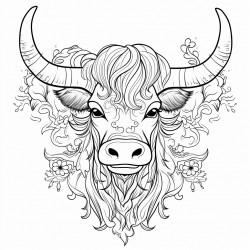 highland cow with a ghost face mask hanging on his horn