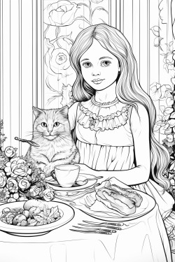 dinner   mom e to the tablelong haired girl and her cat  the table was beautiful