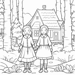 two women in forest with cottage in background