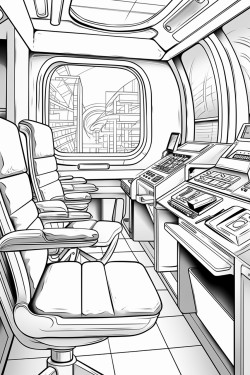 space ship cabin with screens with desk space futuristic detail