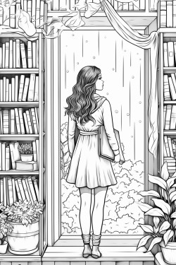 raining standing girl back window bookshelf coffee