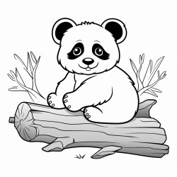 a baby panda on a small log black and white sketch bold outline