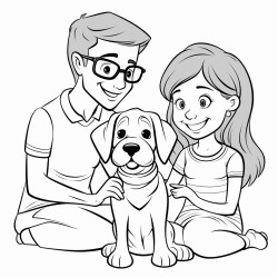young girl with glasses and pigtail braids next to her mom dad and a beagle