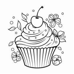 cupcake with a cherry on top and there are candies and flowers around