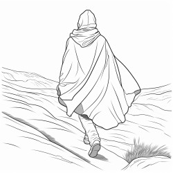 cloaked person walking into the wind viewed as a long shot from behind