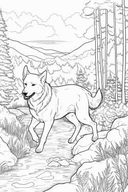 a dog running through the garden by a river filled with tall trees and meadow like grass