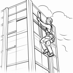 window washer climbing a skyscraper but the top of the skyscraper should be visible