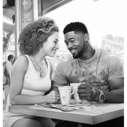 muscular african american man with a beautiful curvaceous caucasian woman having coffee at a coffee shop
