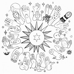 illustrate the creation story with animals plants sun moon and stars all surrounded by gods loving hands