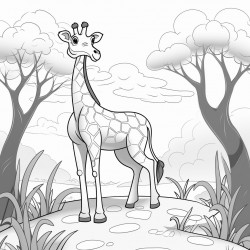black and white coloring book drawing only thick outlines no grayscale for kids cartoon style giraffe forest