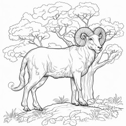 simple black and white line drawing crayon coloring page style anima style large ram turning left on his hind legs slightly facing left around large apple tree his head looking down to his right