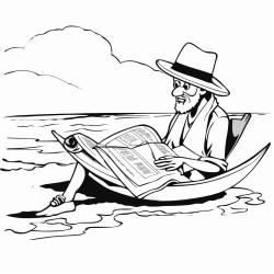 a cartoon of a man floating in the dead sea wearing a hat and reading a newspater