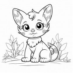 black and white coloring book drawing only thick outlines no grayscale for children in cartoon style cat forest