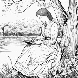 a victorian young woman reading a book under a tree by a beautiful river in spring