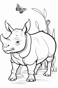 a cute and adorable single horn indonesian rhino with butterflies gently landing on its horn and back