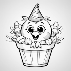 a halloween bucket in the shape of a chicken full of candy simple art style