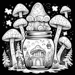 fantasy mushroom palace in a jar neon colors night sky colorful clouds whimsical